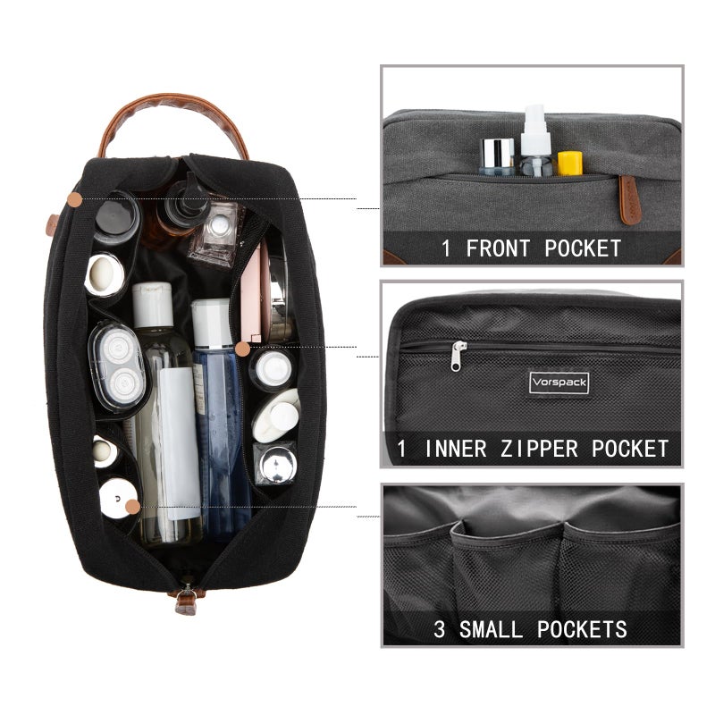 Vorspack Toiletry Bag Hanging Dopp Kit for Men Water Resistant Canvas Shaving Bag with Large Capacity for Travel - Light Grey - Image 4